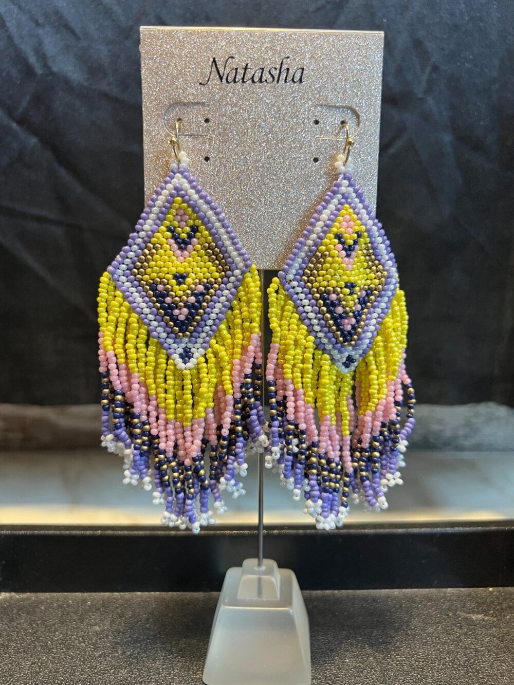 NWT Natasha Yellow, Pink and Purple Seed Bead Fringe Earrings, Goldtone Hooks